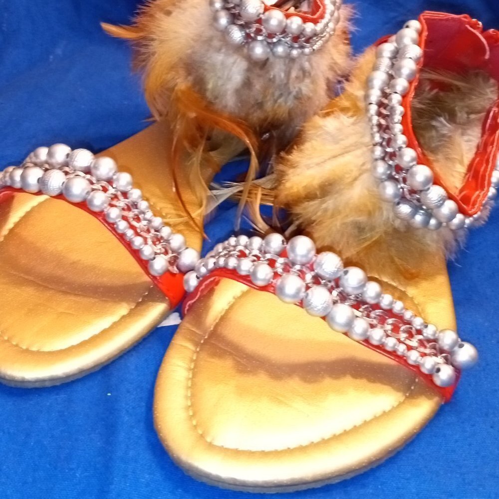 RUNWAY READY Red Feather Rhinestone Jeweled Sandal